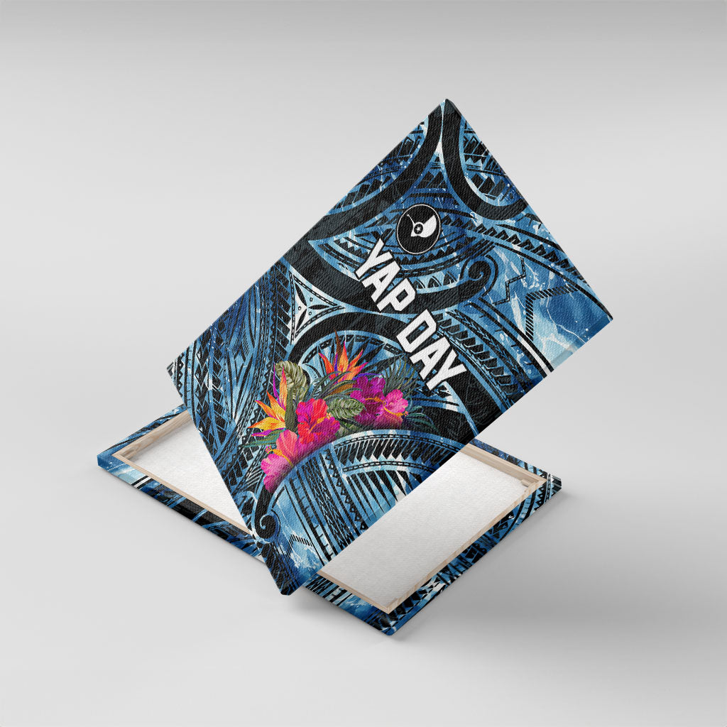 Yap Day Island Floral Tribal Heritage Canvas Wall Art Micronesian Hibiscus Pattern Polynesian Tattoo Blue Art