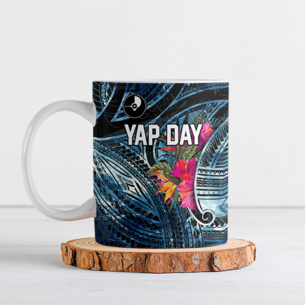 Yap Day Island Floral Tribal Heritage Ceramic Mug Micronesian Hibiscus Pattern Polynesian Tattoo Blue Art