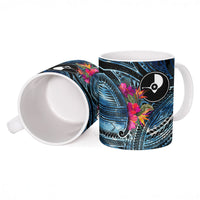 Yap Day Island Floral Tribal Heritage Ceramic Mug Micronesian Hibiscus Pattern Polynesian Tattoo Blue Art