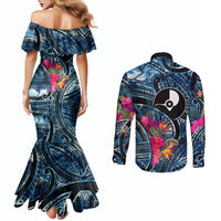 Yap Day Island Floral Tribal Heritage Couples Matching Mermaid Dress and Long Sleeve Button Shirt Micronesian Hibiscus Pattern Polynesian Tattoo Blue Art