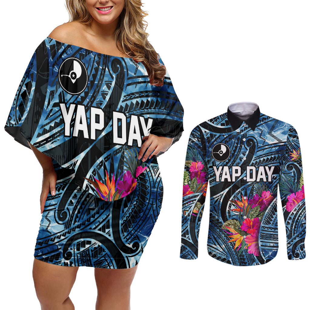 Yap Day Island Floral Tribal Heritage Couples Matching Off Shoulder Short Dress and Long Sleeve Button Shirt Micronesian Hibiscus Pattern Polynesian Tattoo Blue Art