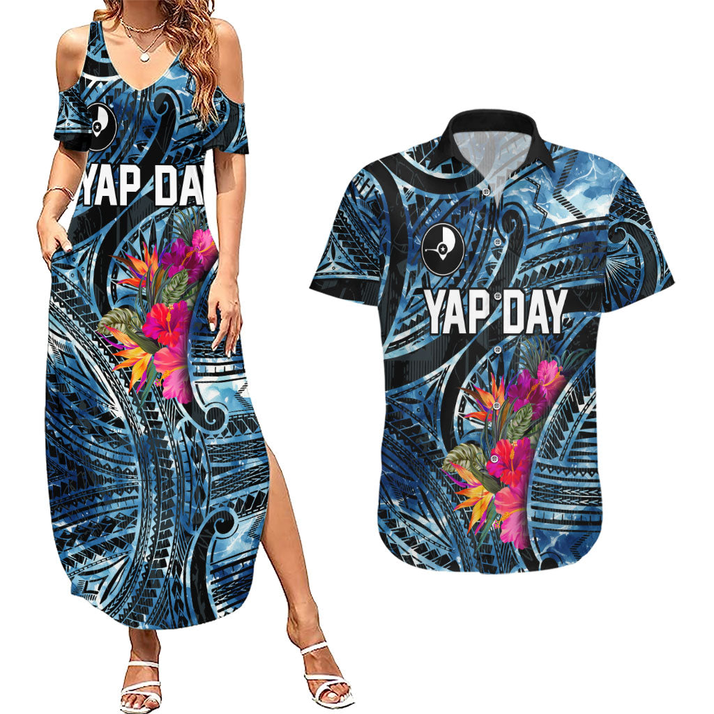 Yap Day Island Floral Tribal Heritage Couples Matching Summer Maxi Dress and Hawaiian Shirt Micronesian Hibiscus Pattern Polynesian Tattoo Blue Art