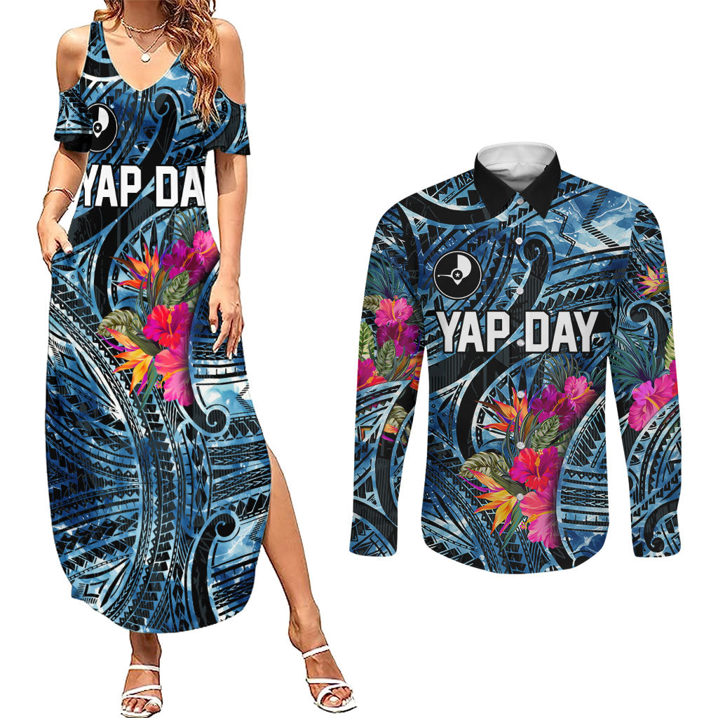 Yap Day Island Floral Tribal Heritage Couples Matching Summer Maxi Dress and Long Sleeve Button Shirt Micronesian Hibiscus Pattern Polynesian Tattoo Blue Art TS04 Black Blue - Polynesian Pride