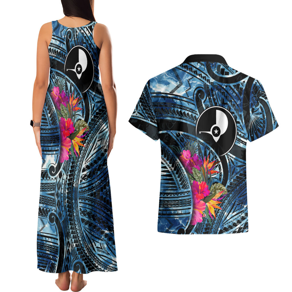 Yap Day Island Floral Tribal Heritage Couples Matching Tank Maxi Dress and Hawaiian Shirt Micronesian Hibiscus Pattern Polynesian Tattoo Blue Art
