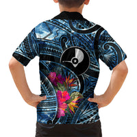 Yap Day Island Floral Tribal Heritage Family Matching Long Sleeve Bodycon Dress and Hawaiian Shirt Micronesian Hibiscus Pattern Polynesian Tattoo Blue Art