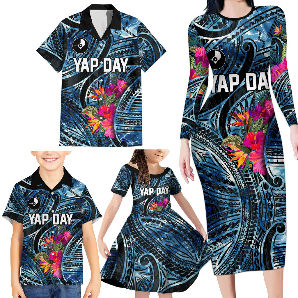 Yap Day Island Floral Tribal Heritage Family Matching Long Sleeve Bodycon Dress and Hawaiian Shirt Micronesian Hibiscus Pattern Polynesian Tattoo Blue Art