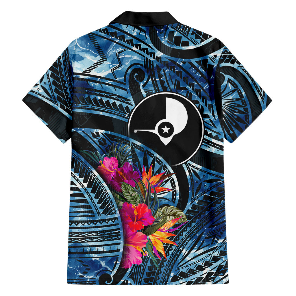 Yap Day Island Floral Tribal Heritage Family Matching Long Sleeve Bodycon Dress and Hawaiian Shirt Micronesian Hibiscus Pattern Polynesian Tattoo Blue Art