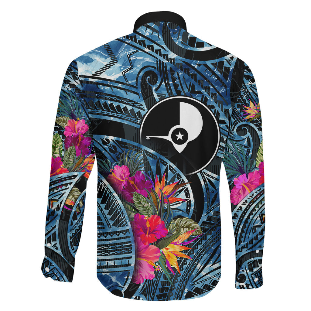 Yap Day Island Floral Tribal Heritage Family Matching Long Sleeve Bodycon Dress and Hawaiian Shirt Micronesian Hibiscus Pattern Polynesian Tattoo Blue Art