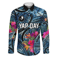 Yap Day Island Floral Tribal Heritage Family Matching Mermaid Dress and Hawaiian Shirt Micronesian Hibiscus Pattern Polynesian Tattoo Blue Art