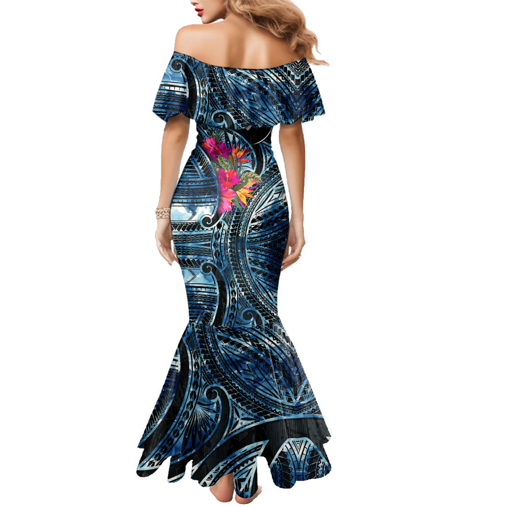Yap Day Island Floral Tribal Heritage Family Matching Mermaid Dress and Hawaiian Shirt Micronesian Hibiscus Pattern Polynesian Tattoo Blue Art