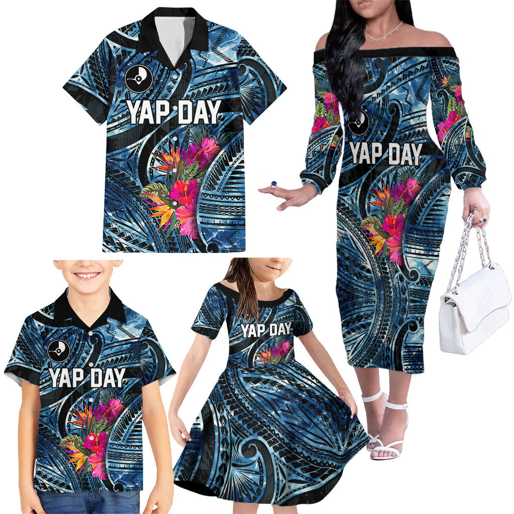 Yap Day Island Floral Tribal Heritage Family Matching Off The Shoulder Long Sleeve Dress and Hawaiian Shirt Micronesian Hibiscus Pattern Polynesian Tattoo Blue Art