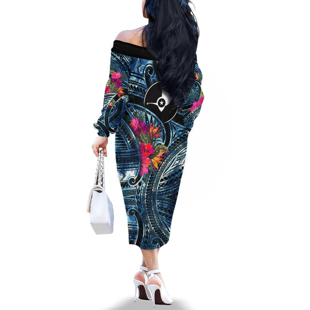 Yap Day Island Floral Tribal Heritage Family Matching Off The Shoulder Long Sleeve Dress and Hawaiian Shirt Micronesian Hibiscus Pattern Polynesian Tattoo Blue Art
