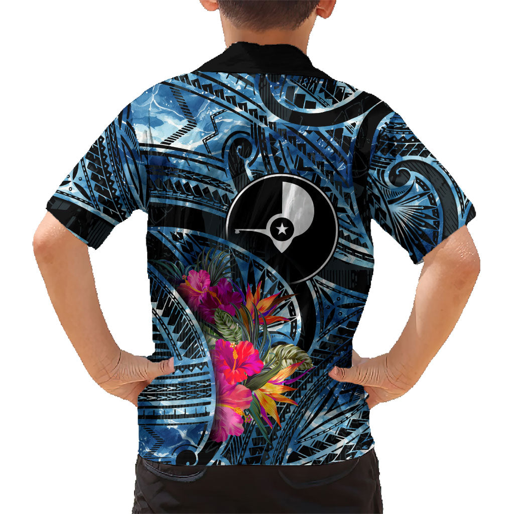 Yap Day Island Floral Tribal Heritage Family Matching Off Shoulder Short Dress and Hawaiian Shirt Micronesian Hibiscus Pattern Polynesian Tattoo Blue Art