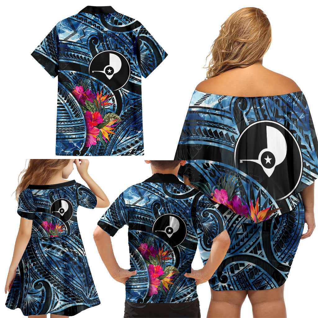Yap Day Island Floral Tribal Heritage Family Matching Off Shoulder Short Dress and Hawaiian Shirt Micronesian Hibiscus Pattern Polynesian Tattoo Blue Art