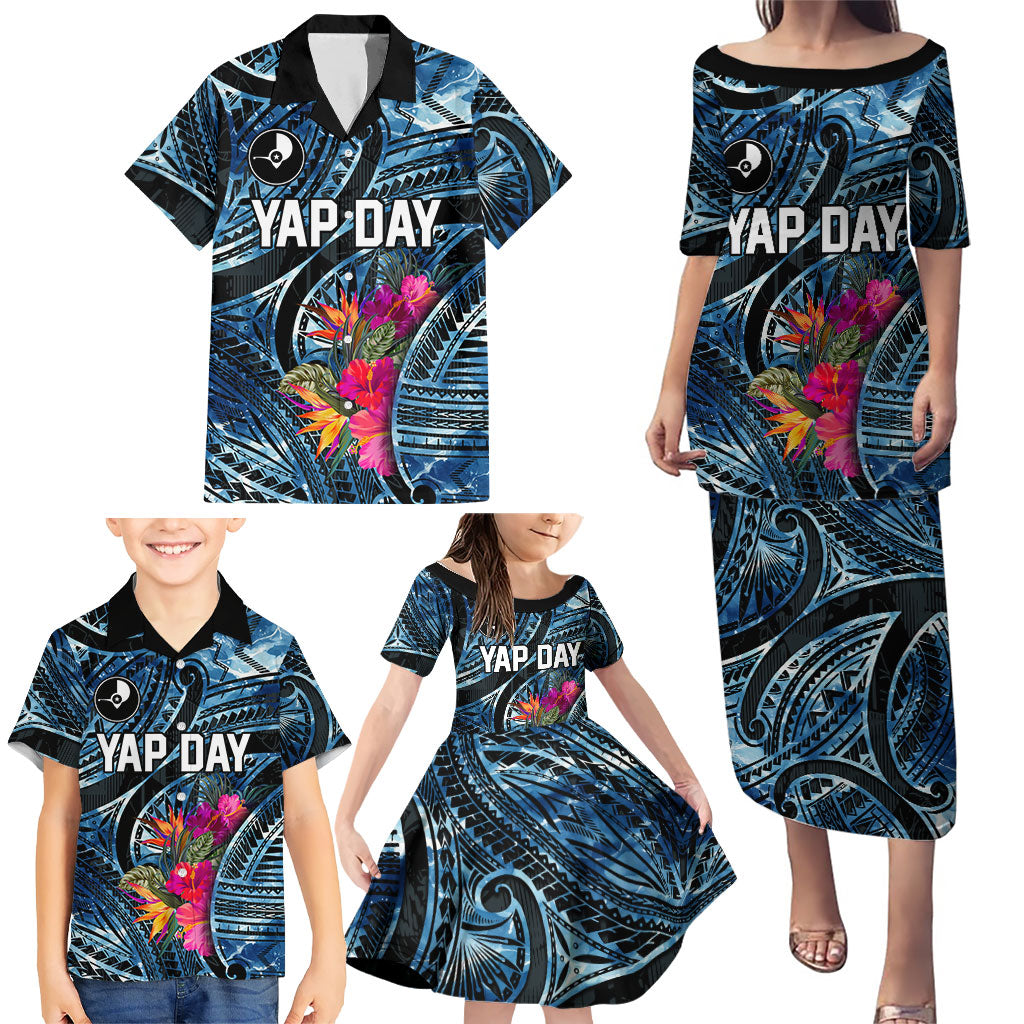 Yap Day Island Floral Tribal Heritage Family Matching Puletasi and Hawaiian Shirt Micronesian Hibiscus Pattern Polynesian Tattoo Blue Art