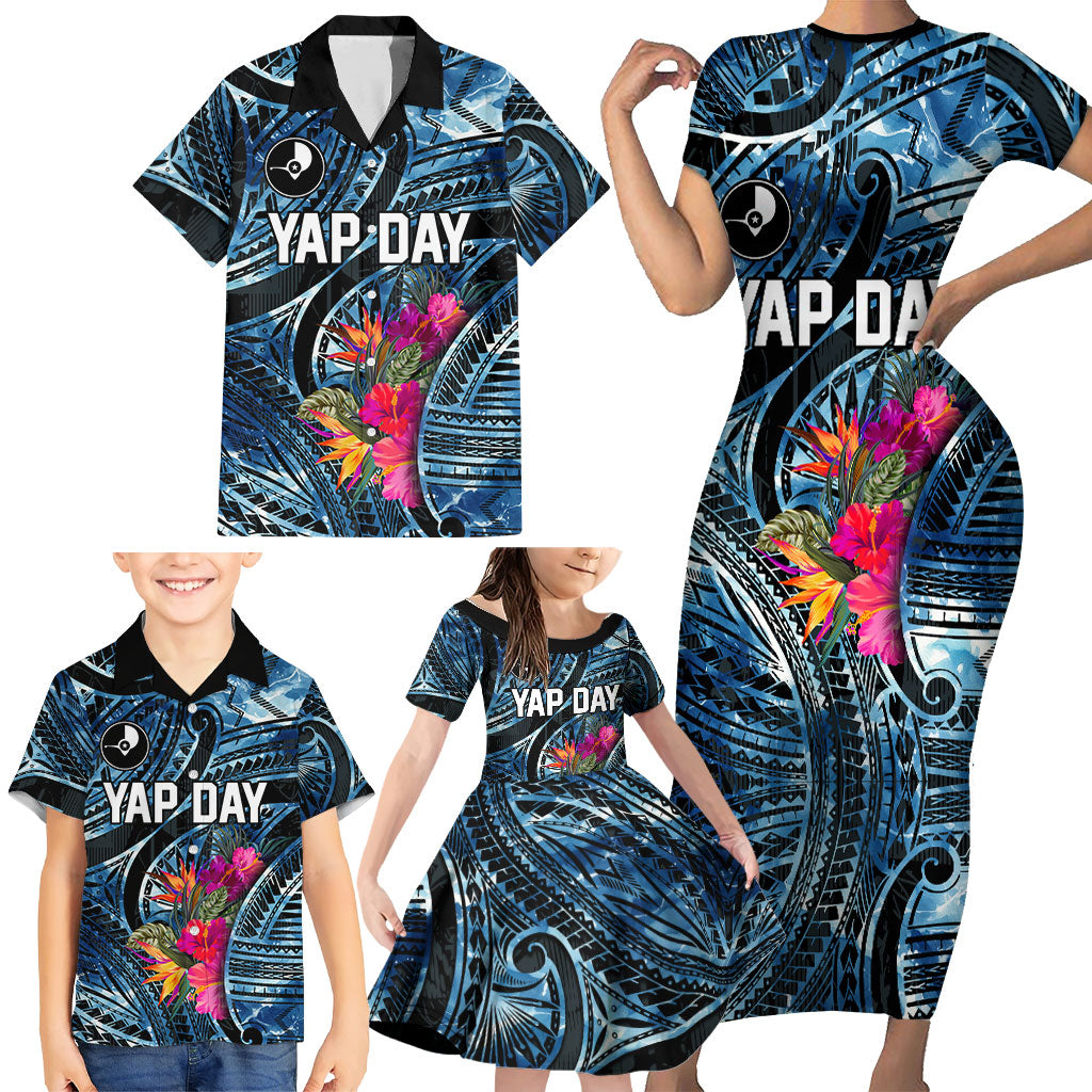 Yap Day Island Floral Tribal Heritage Family Matching Short Sleeve Bodycon Dress and Hawaiian Shirt Micronesian Hibiscus Pattern Polynesian Tattoo Blue Art