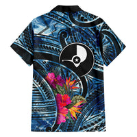 Yap Day Island Floral Tribal Heritage Family Matching Short Sleeve Bodycon Dress and Hawaiian Shirt Micronesian Hibiscus Pattern Polynesian Tattoo Blue Art