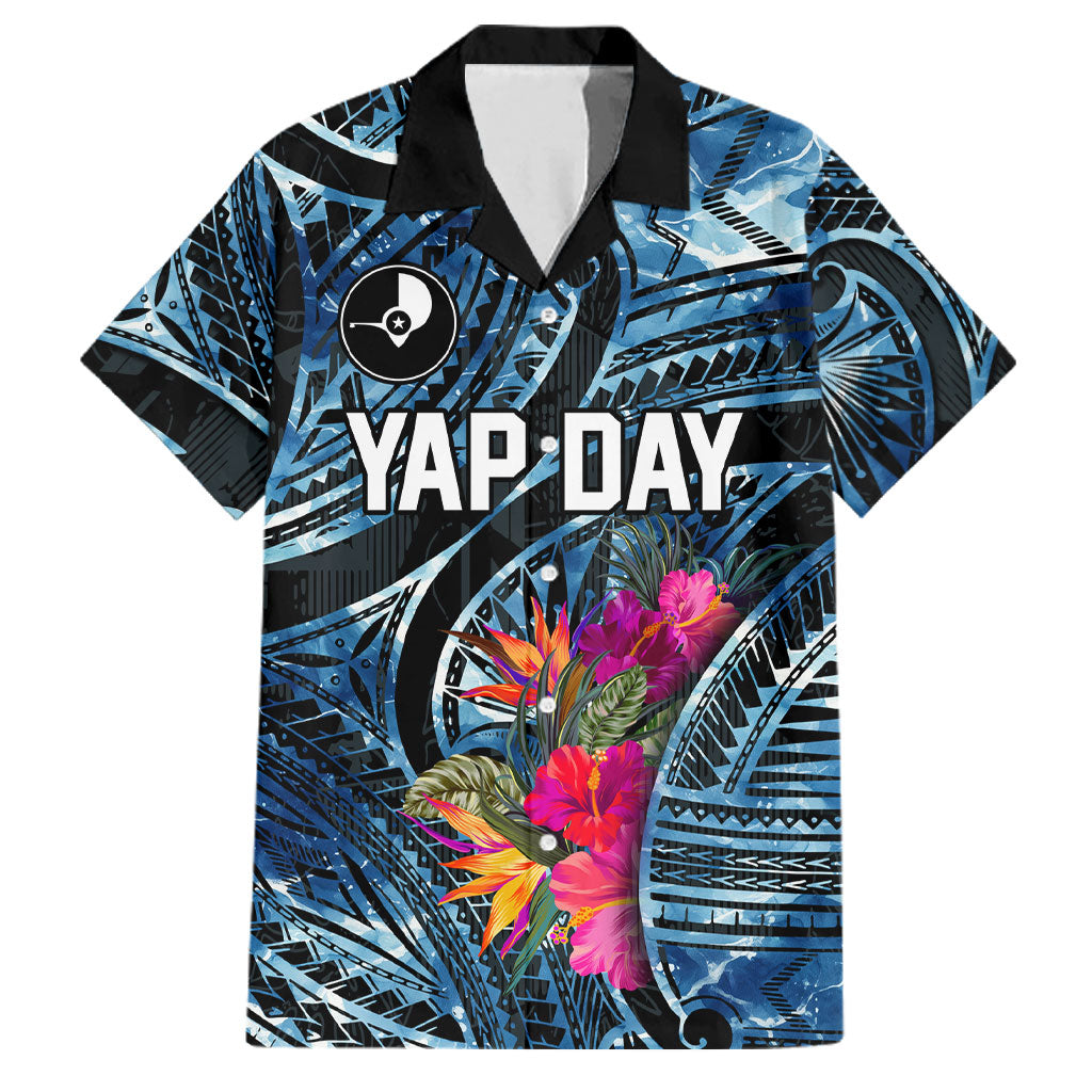 Yap Day Island Floral Tribal Heritage Family Matching Summer Maxi Dress and Hawaiian Shirt Micronesian Hibiscus Pattern Polynesian Tattoo Blue Art