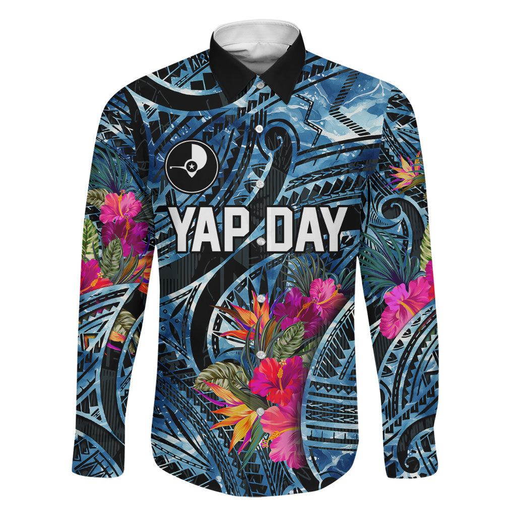 Yap Day Island Floral Tribal Heritage Family Matching Summer Maxi Dress and Hawaiian Shirt Micronesian Hibiscus Pattern Polynesian Tattoo Blue Art