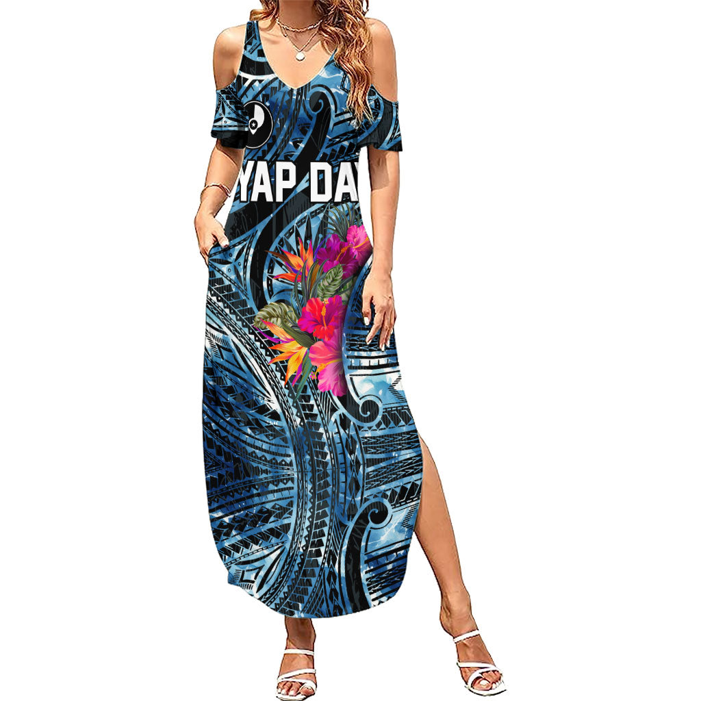 Yap Day Island Floral Tribal Heritage Family Matching Summer Maxi Dress and Hawaiian Shirt Micronesian Hibiscus Pattern Polynesian Tattoo Blue Art
