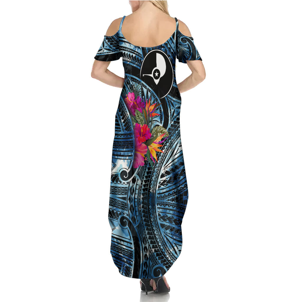 Yap Day Island Floral Tribal Heritage Family Matching Summer Maxi Dress and Hawaiian Shirt Micronesian Hibiscus Pattern Polynesian Tattoo Blue Art