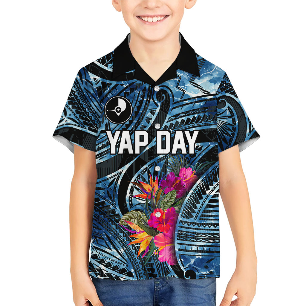 Yap Day Island Floral Tribal Heritage Family Matching Summer Maxi Dress and Hawaiian Shirt Micronesian Hibiscus Pattern Polynesian Tattoo Blue Art
