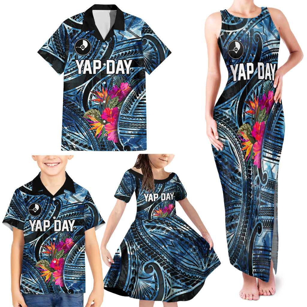 Yap Day Island Floral Tribal Heritage Family Matching Tank Maxi Dress and Hawaiian Shirt Micronesian Hibiscus Pattern Polynesian Tattoo Blue Art