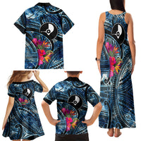 Yap Day Island Floral Tribal Heritage Family Matching Tank Maxi Dress and Hawaiian Shirt Micronesian Hibiscus Pattern Polynesian Tattoo Blue Art