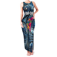 Yap Day Island Floral Tribal Heritage Family Matching Tank Maxi Dress and Hawaiian Shirt Micronesian Hibiscus Pattern Polynesian Tattoo Blue Art