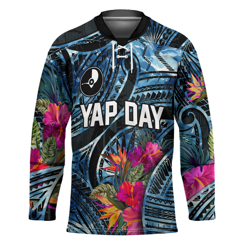 Yap Day Island Floral Tribal Heritage Hockey Jersey Micronesian Hibiscus Pattern Polynesian Tattoo Blue Art