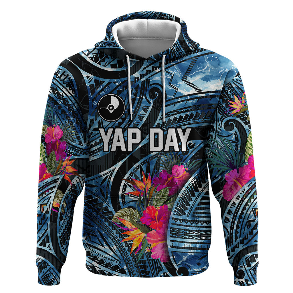 Yap Day Island Floral Tribal Heritage Hoodie Micronesian Hibiscus Pattern Polynesian Tattoo Blue Art