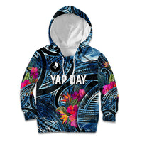 Yap Day Island Floral Tribal Heritage Kid Hoodie Micronesian Hibiscus Pattern Polynesian Tattoo Blue Art