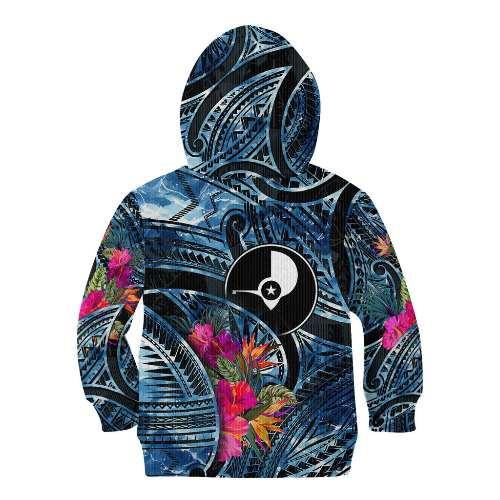 Yap Day Island Floral Tribal Heritage Kid Hoodie Micronesian Hibiscus Pattern Polynesian Tattoo Blue Art