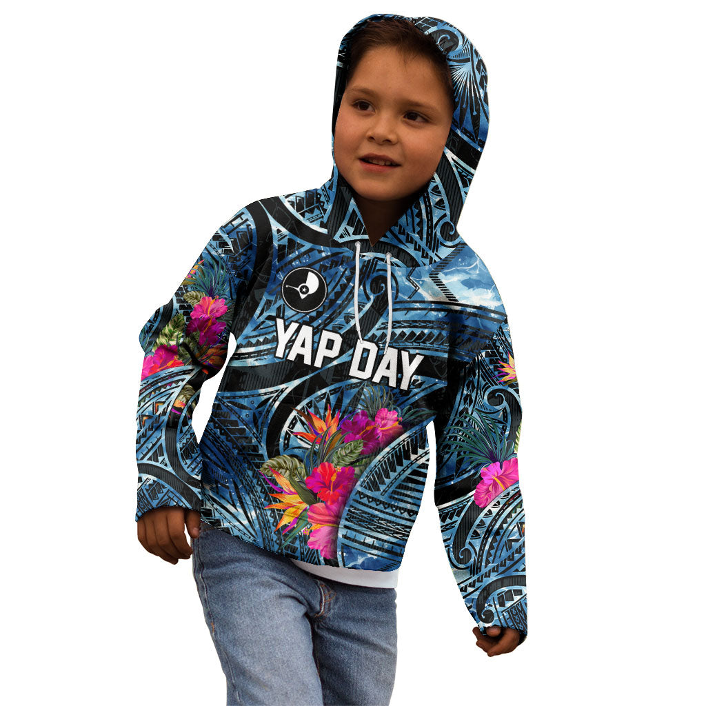 Yap Day Island Floral Tribal Heritage Kid Hoodie Micronesian Hibiscus Pattern Polynesian Tattoo Blue Art
