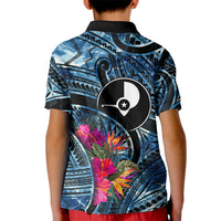 Yap Day Island Floral Tribal Heritage Kid Polo Shirt Micronesian Hibiscus Pattern Polynesian Tattoo Blue Art