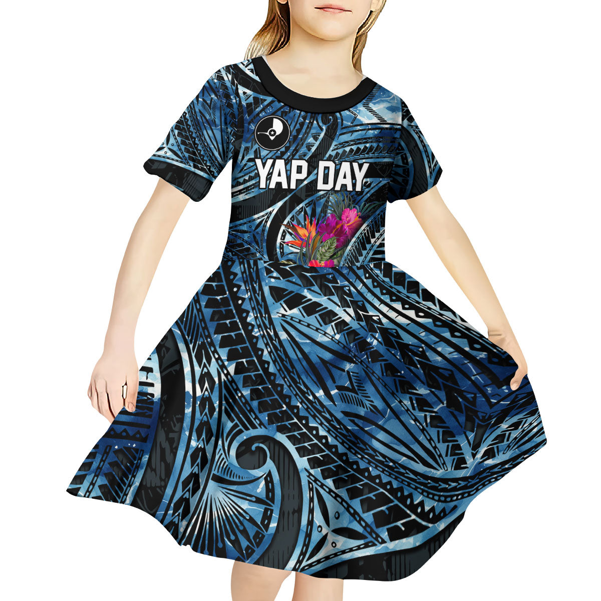 Yap Day Island Floral Tribal Heritage Kid Short Sleeve Dress Micronesian Hibiscus Pattern Polynesian Tattoo Blue Art