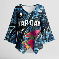 Yap Day Island Floral Tribal Heritage Kimono Sleeve Blouse Micronesian Hibiscus Pattern Polynesian Tattoo Blue Art