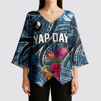 Yap Day Island Floral Tribal Heritage Kimono Sleeve Blouse Micronesian Hibiscus Pattern Polynesian Tattoo Blue Art