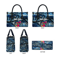 Yap Day Island Floral Tribal Heritage Leather Bag Micronesian Hibiscus Pattern Polynesian Tattoo Blue Art