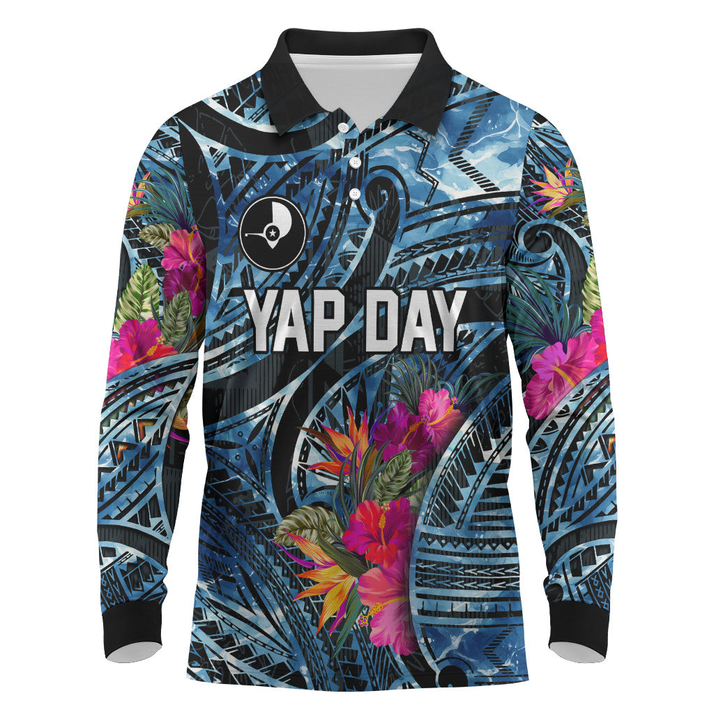 Yap Day Island Floral Tribal Heritage Long Sleeve Polo Shirt Micronesian Hibiscus Pattern Polynesian Tattoo Blue Art