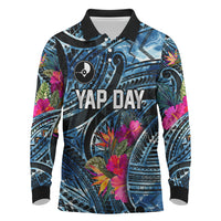 Yap Day Island Floral Tribal Heritage Long Sleeve Polo Shirt Micronesian Hibiscus Pattern Polynesian Tattoo Blue Art