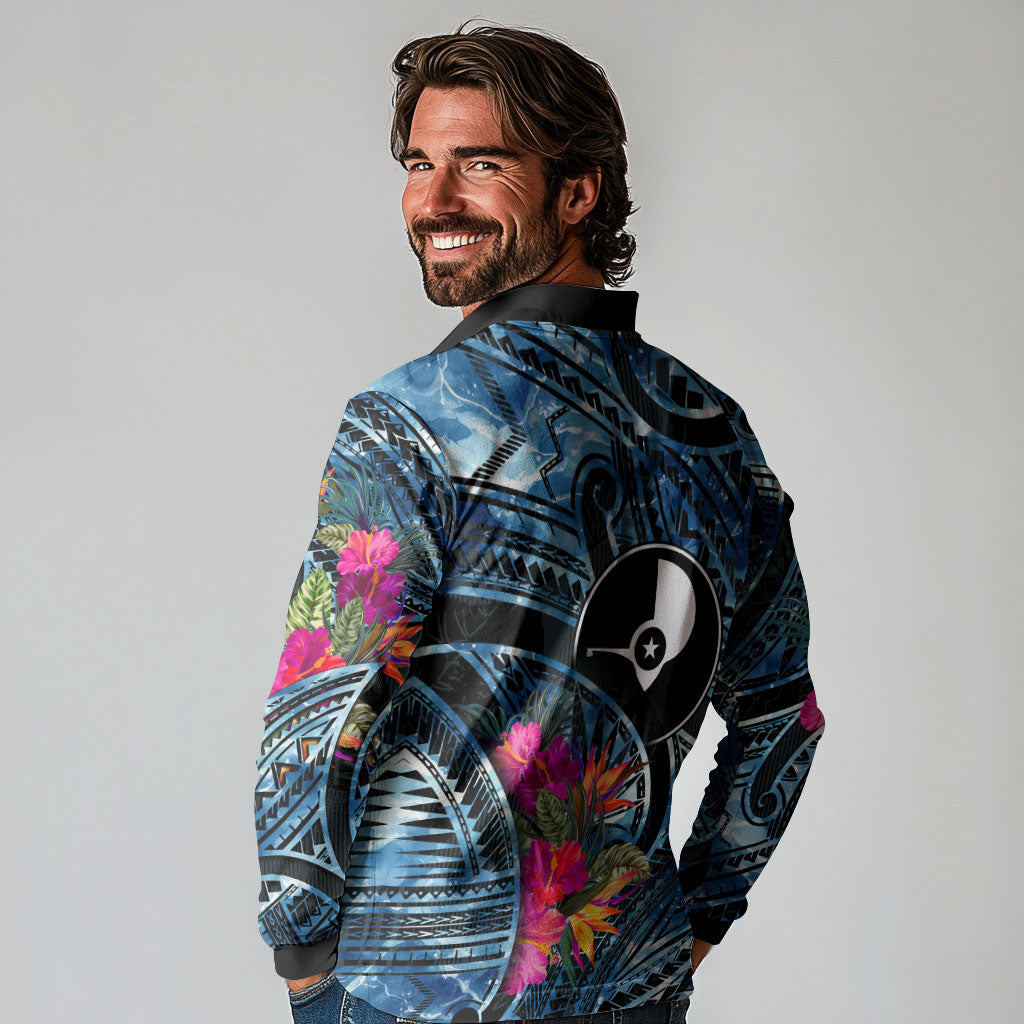 Yap Day Island Floral Tribal Heritage Long Sleeve Polo Shirt Micronesian Hibiscus Pattern Polynesian Tattoo Blue Art