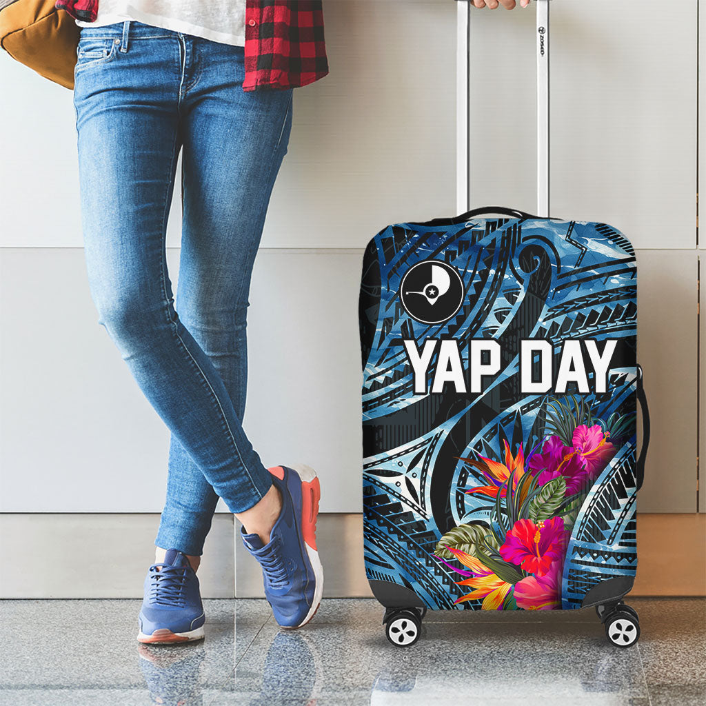 Yap Day Island Floral Tribal Heritage Luggage Cover Micronesian Hibiscus Pattern Polynesian Tattoo Blue Art