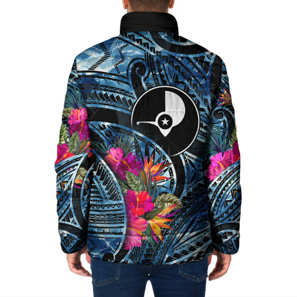 Yap Day Island Floral Tribal Heritage Padded Jacket Micronesian Hibiscus Pattern Polynesian Tattoo Blue Art