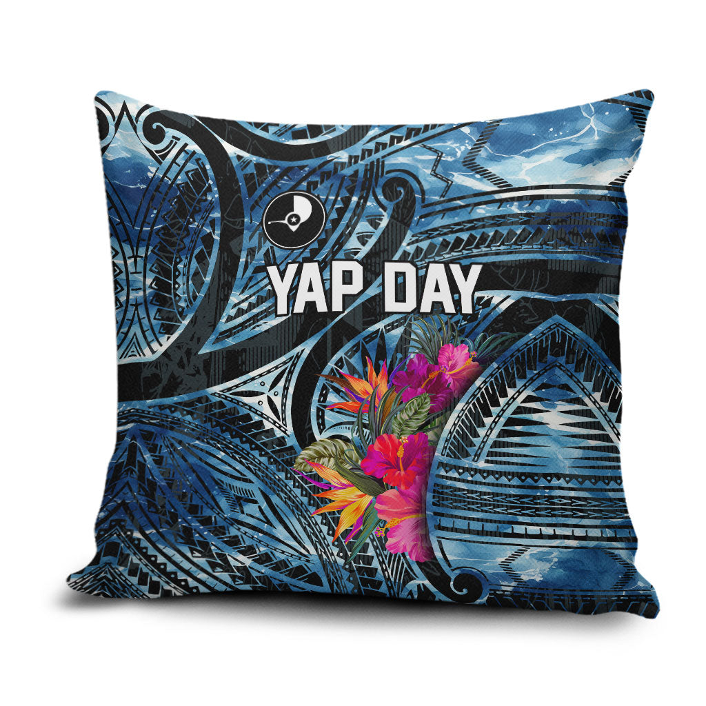 Yap Day Island Floral Tribal Heritage Pillow Cover Micronesian Hibiscus Pattern Polynesian Tattoo Blue Art