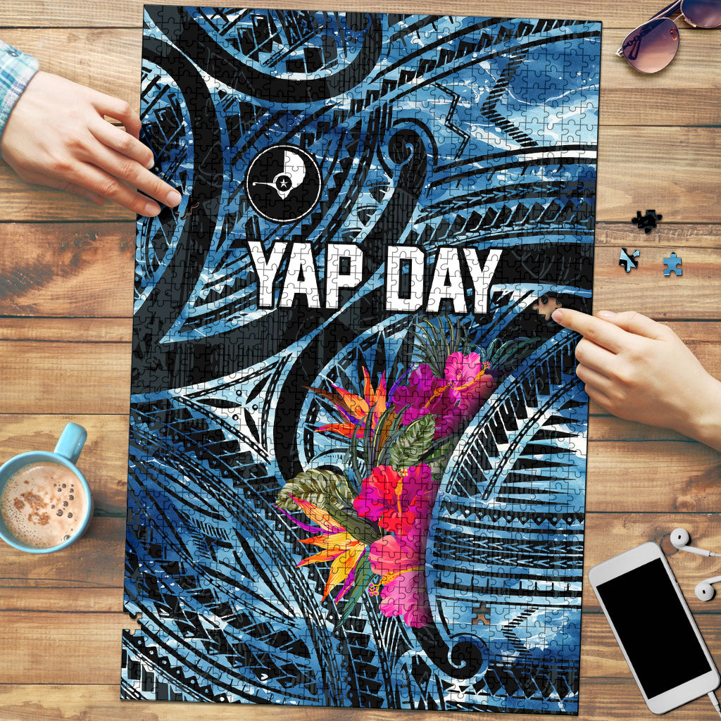 Yap Day Island Floral Tribal Heritage Puzzle Micronesian Hibiscus Pattern Polynesian Tattoo Blue Art