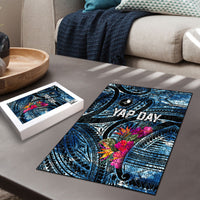 Yap Day Island Floral Tribal Heritage Puzzle Micronesian Hibiscus Pattern Polynesian Tattoo Blue Art