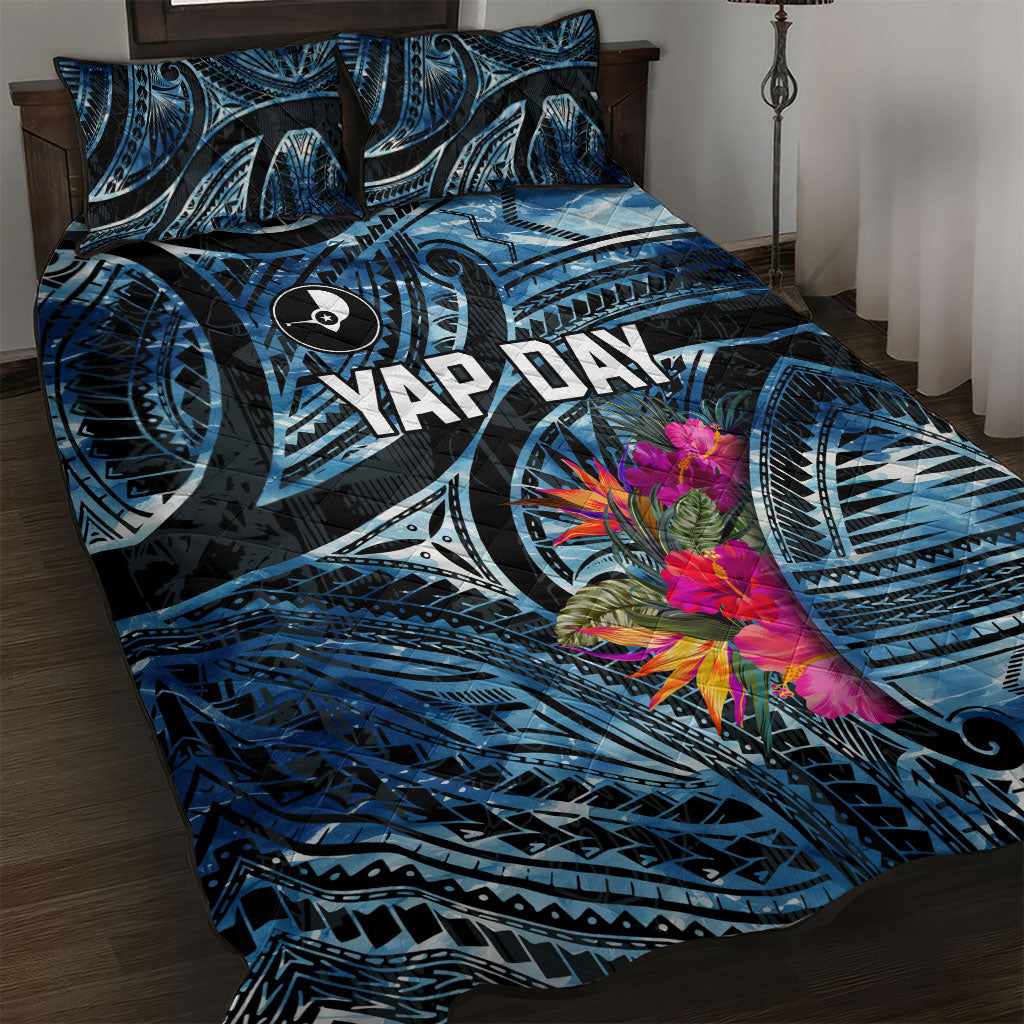 Yap Day Island Floral Tribal Heritage Quilt Bed Set Micronesian Hibiscus Pattern Polynesian Tattoo Blue Art TS04 Black Blue - Polynesian Pride