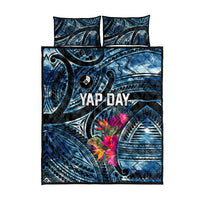 Yap Day Island Floral Tribal Heritage Quilt Bed Set Micronesian Hibiscus Pattern Polynesian Tattoo Blue Art