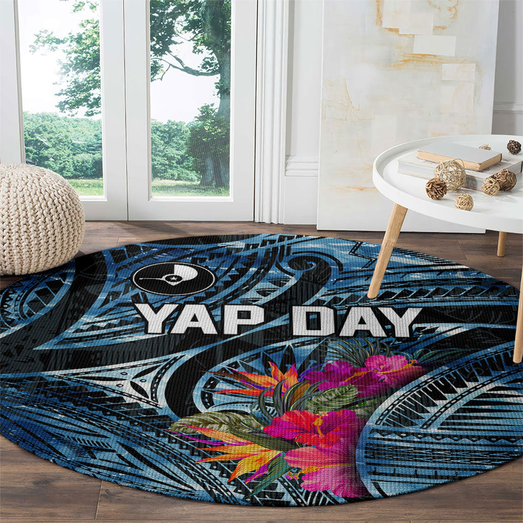 Yap Day Island Floral Tribal Heritage Round Carpet Micronesian Hibiscus Pattern Polynesian Tattoo Blue Art